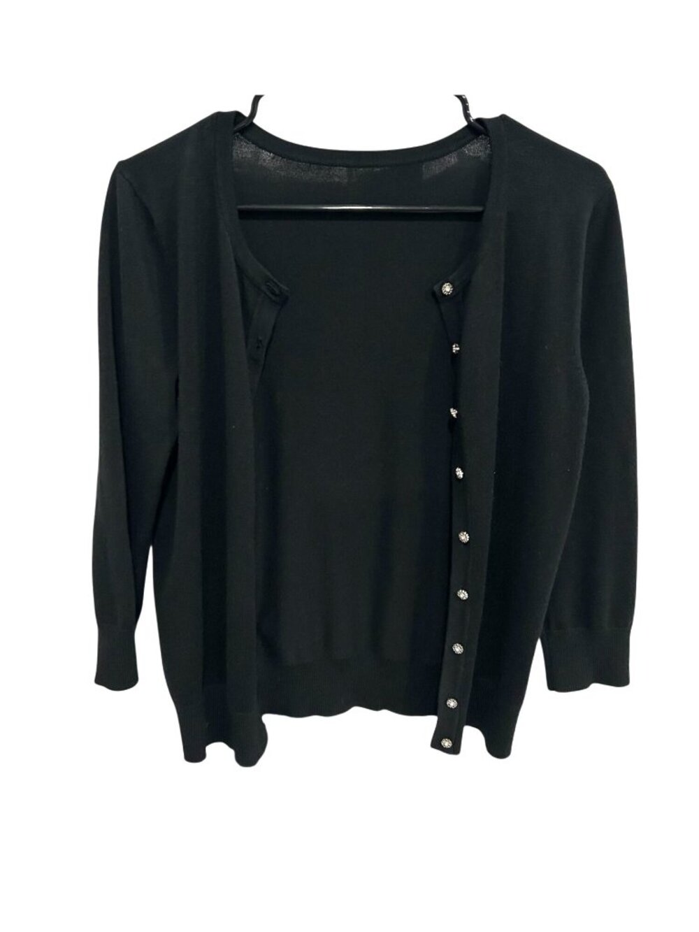 Womens Black Cardigan Rhinestone Buttons Long Sleeves Knit Cozycore Retro